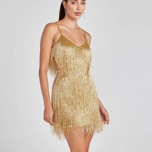 Nadine Merabi Womens Mini Dress Gold Size S/4 Tammy V-Neck Embellished Fringe